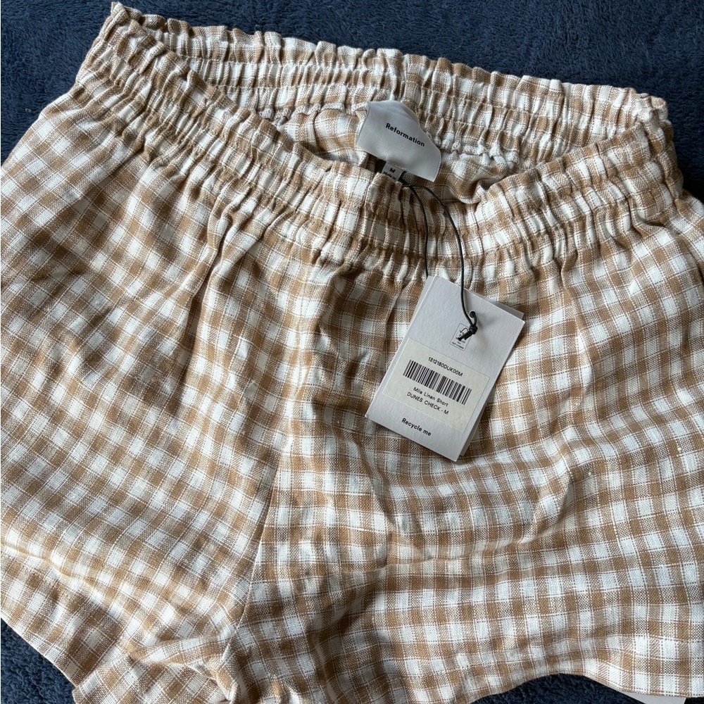Reformation Tan Checkered High Waist Shorts